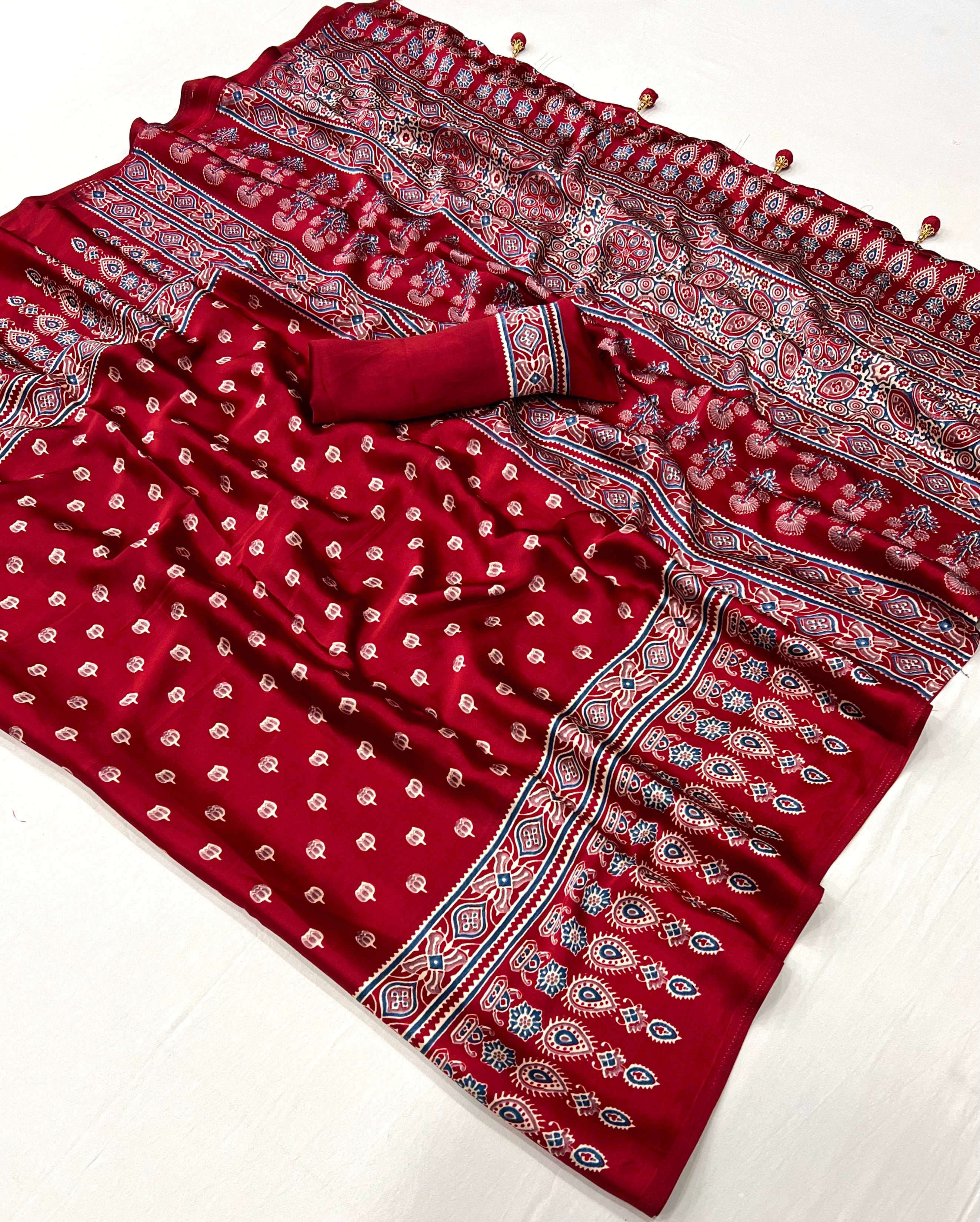 Red Pure Semi Modal Silk Floral Printed Saree
