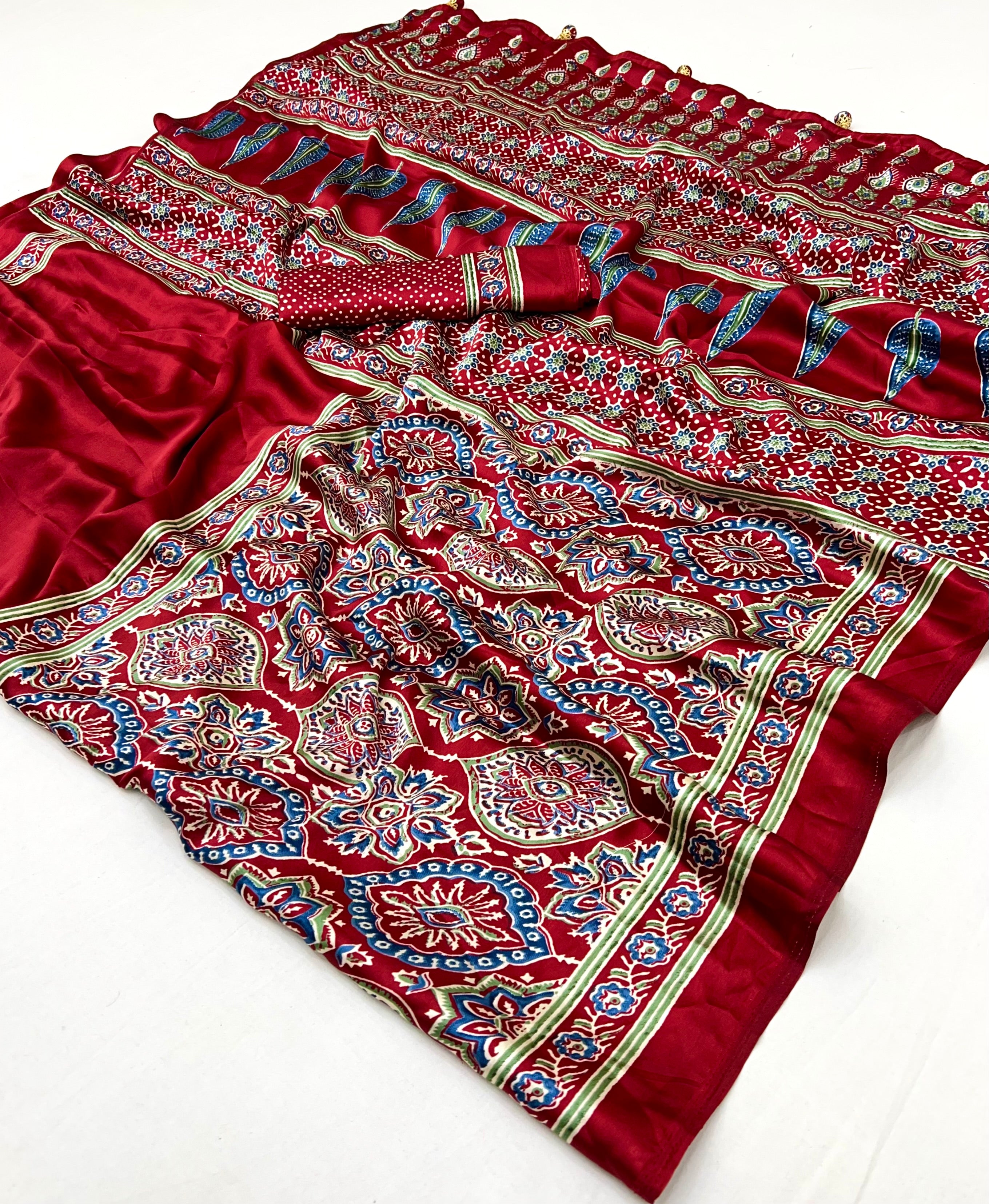 Red Pure Semi Modal Silk Floral Printed Saree