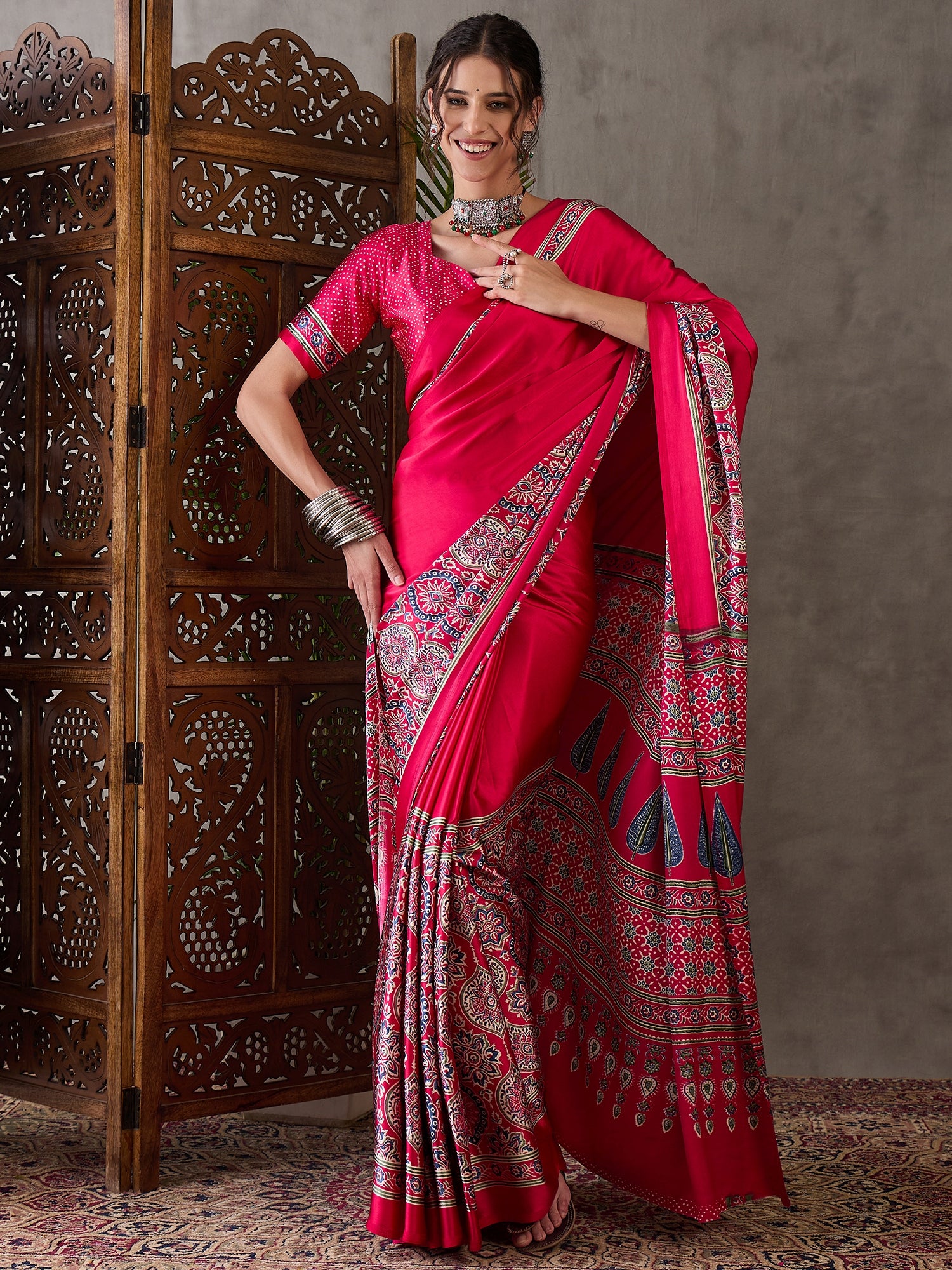 Pink Pure Semi Modal Silk Floral Printed Saree