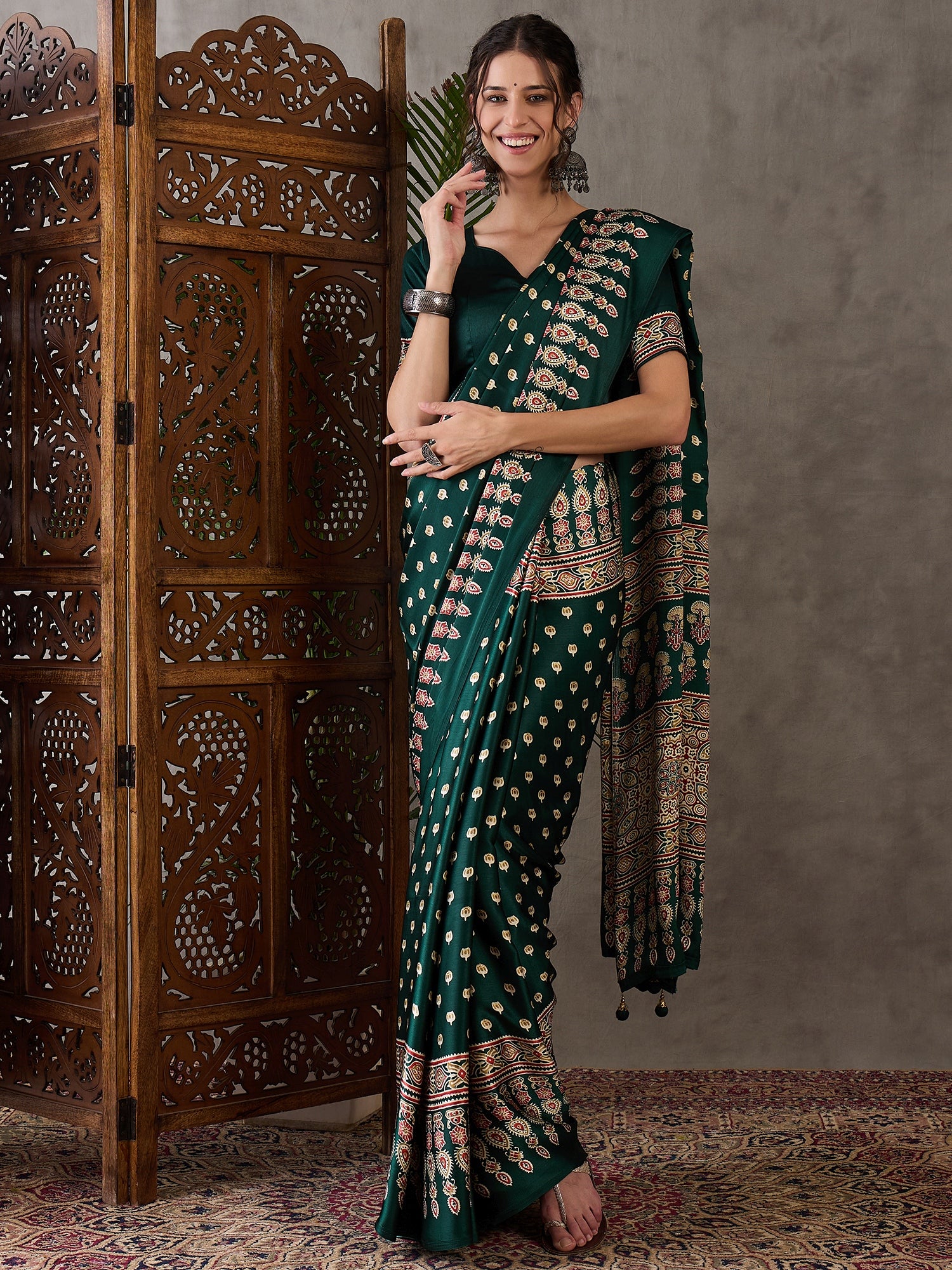 Green Pure Semi Modal Silk Floral Printed Saree