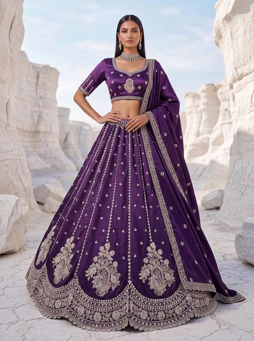 Purple Pure Soft Silk Heavy Sequins Embellishment Work Bridal Lehenga Choli