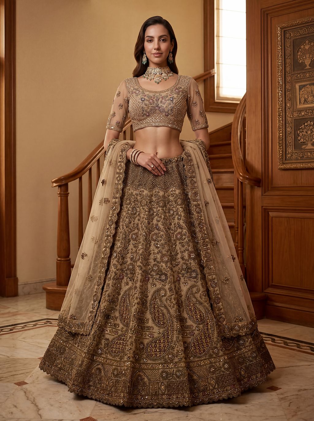 Beige Pure Soft Heavy Net Sequins Embroidery Work Bridal Lehenga