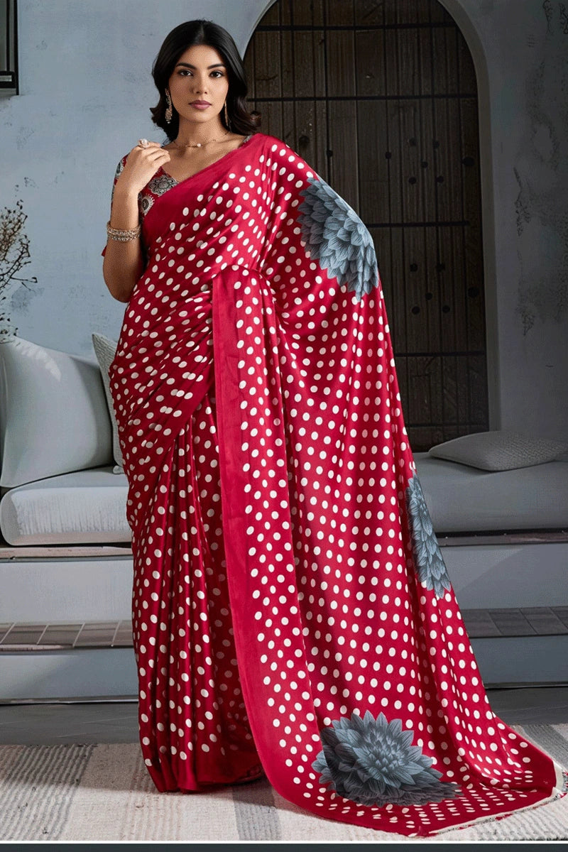 Red Pure Modal Satin Ajrakh Print Satin Saree Japan Satin Saree Anant Tex Exports Pvt.Ltd..