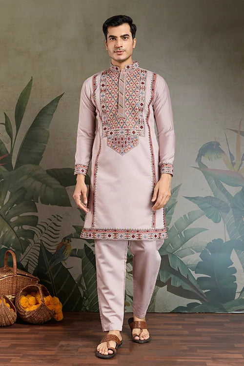 Dusty Pink Silk Embroidered Kurta Pajama for Men