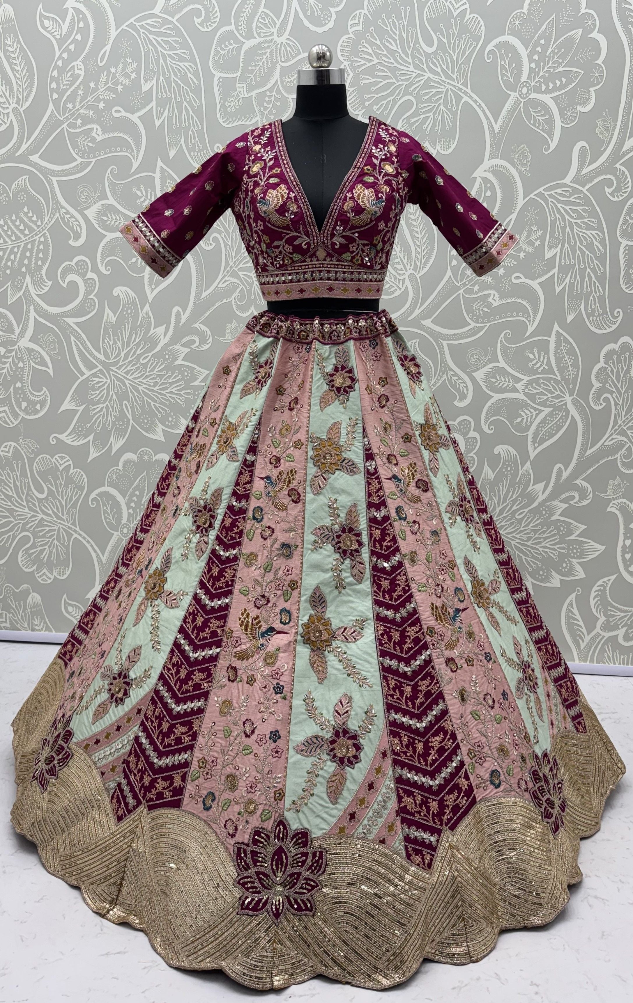 Multi Pure Satin Silk Flower Patch Work Real Hand Mirror & Multi thread Zari Work Bridal Lehenga Choli