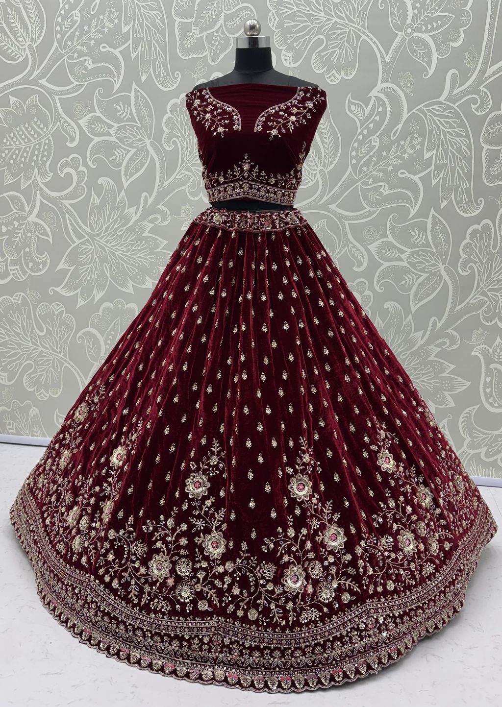 Red Pure Soft Velvet Heavy Embroidery Patch Work Bridal Lehenga