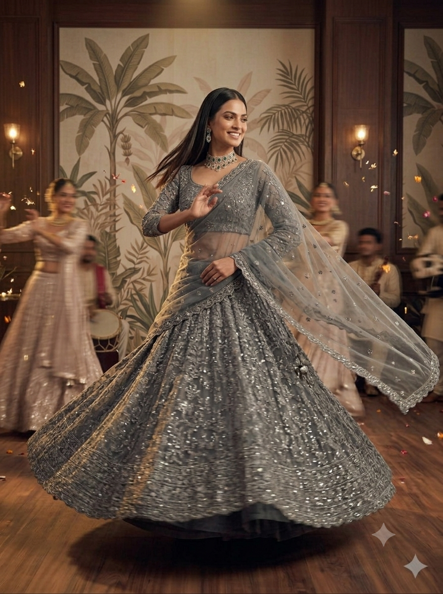 Grey Pure Heavy Net Monochrome Sequins Zari Embroidery Work Net Bridal Lehenga Choli