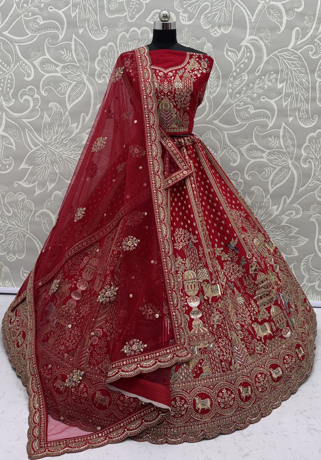 Red Pure Soft Gadwal Silk Heavy Embroidery Work Bridal Lehenga