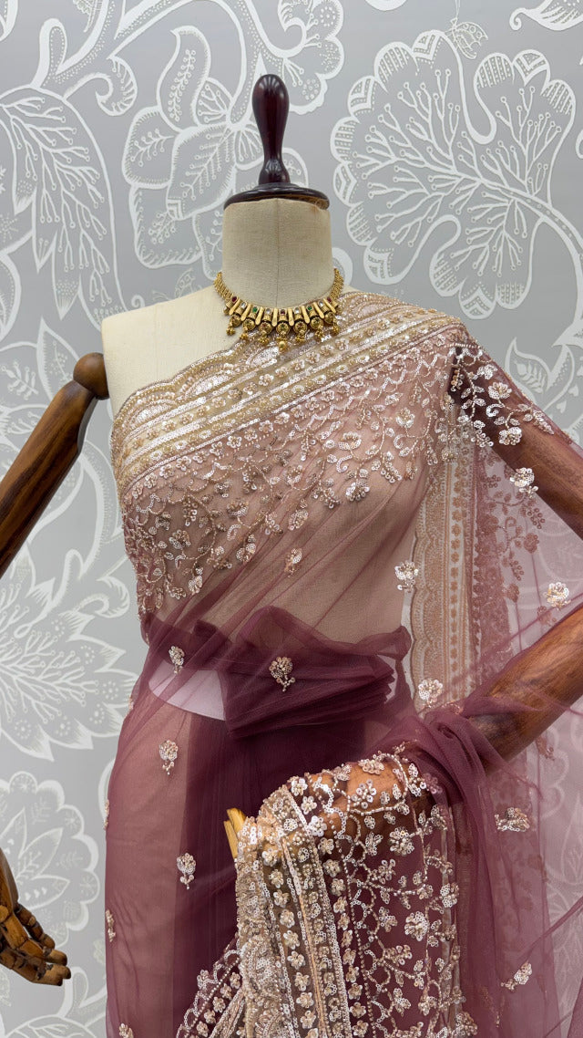Wine Pure Premium Net Handwork Kasti & Motif Zari Metallic Sequins Work Wedding Saree