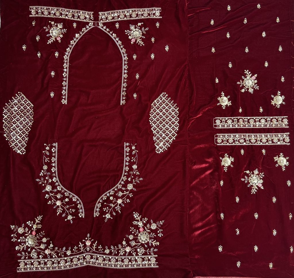 Red Pure Soft Velvet Heavy Embroidery Patch Work Bridal Lehenga