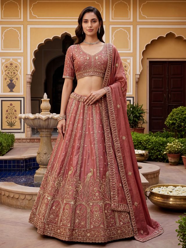 Peach Orange Pure Soft Heavy Fendi Orgenza Sequins Embroidery Work Bridal Lehenga