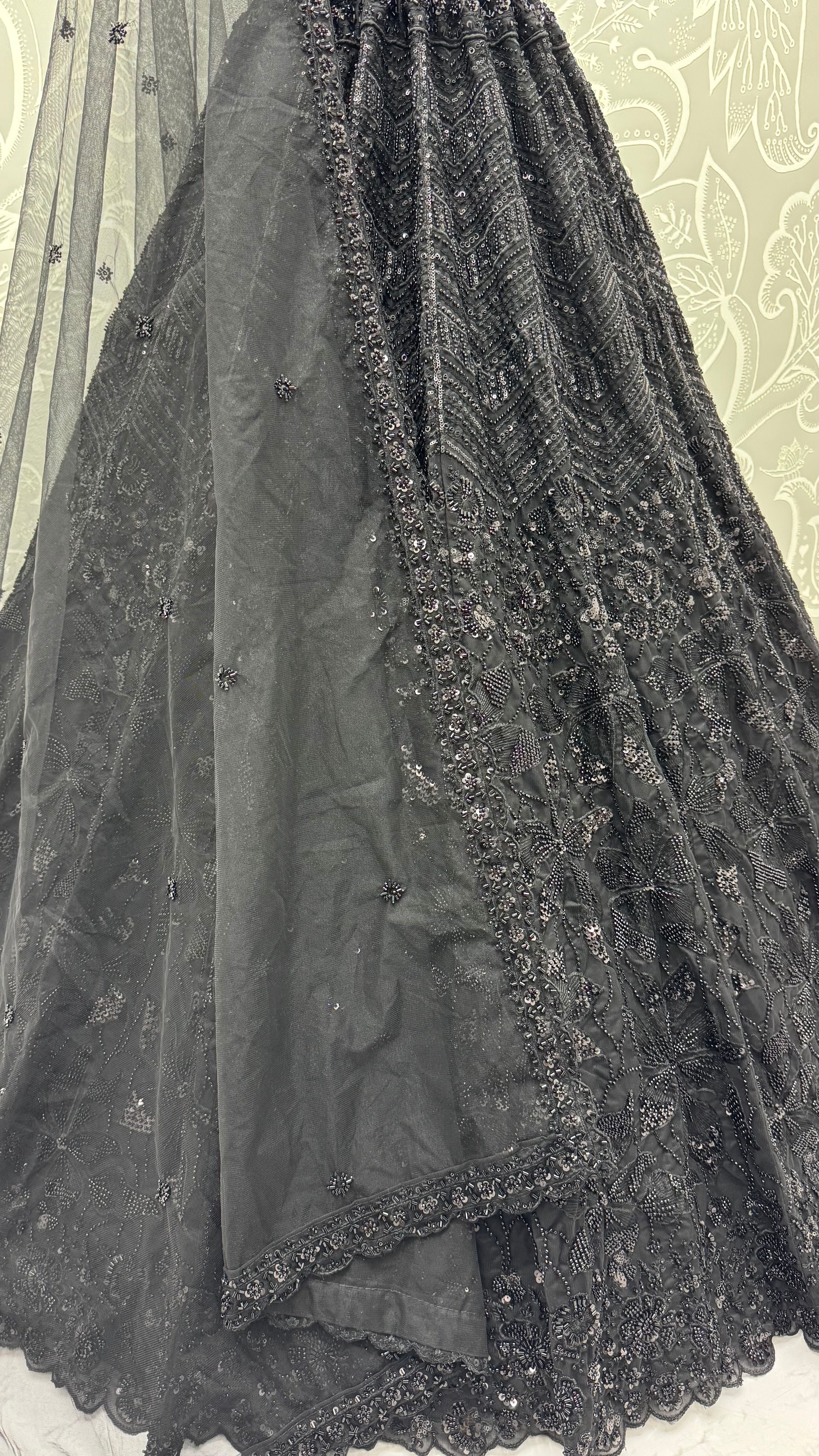 Z Black Pure Heavy Net Monochrome Sequins Zari Embroidery Work Net Bridal Lehenga Choli
