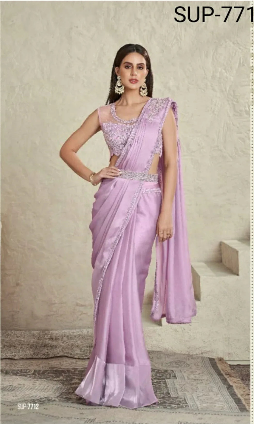 Beautiful Designer Party Wear Lavender Imported Sartin Silk Saree
