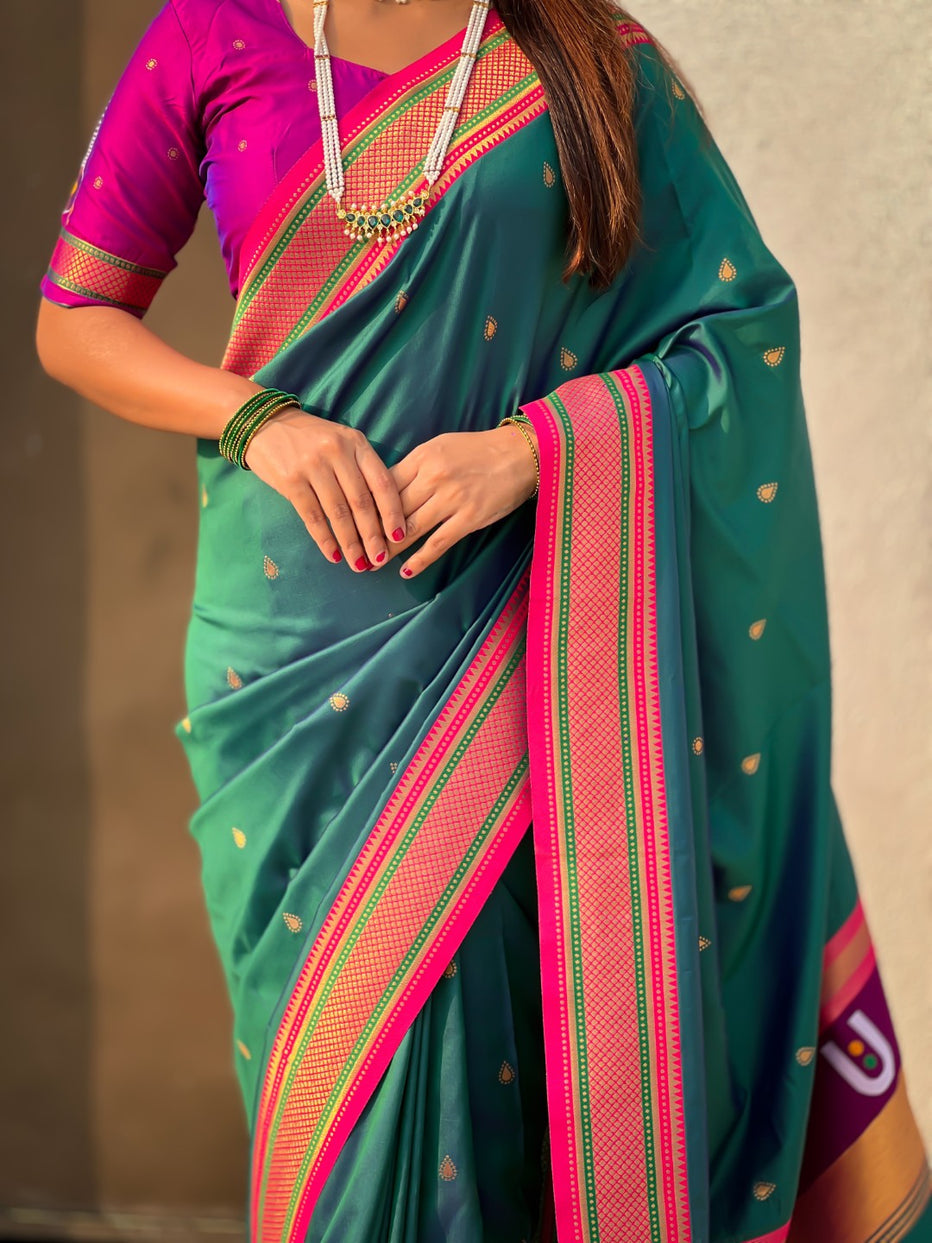 Bottle Green Pure Rakhumai Silk Vitthala Paithani Soft Silk Saree