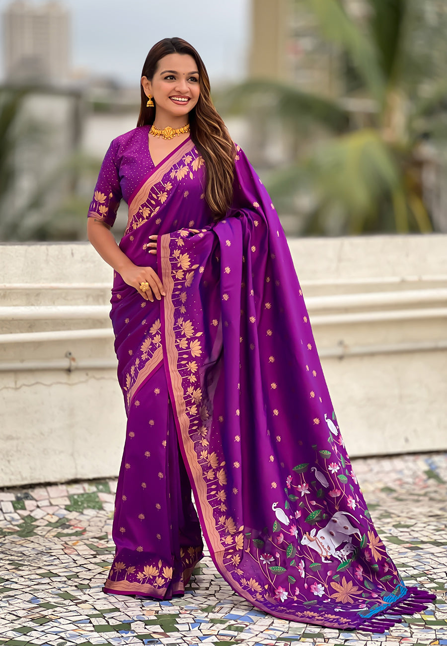 Purple Pure Soft Silk Zari Woven Pichwai Silk Saree