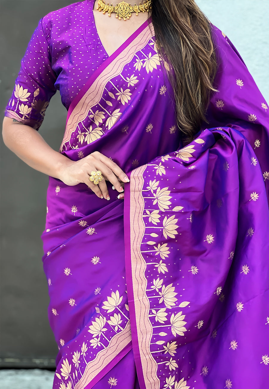 Purple Pure Soft Silk Zari Woven Pichwai Silk Saree