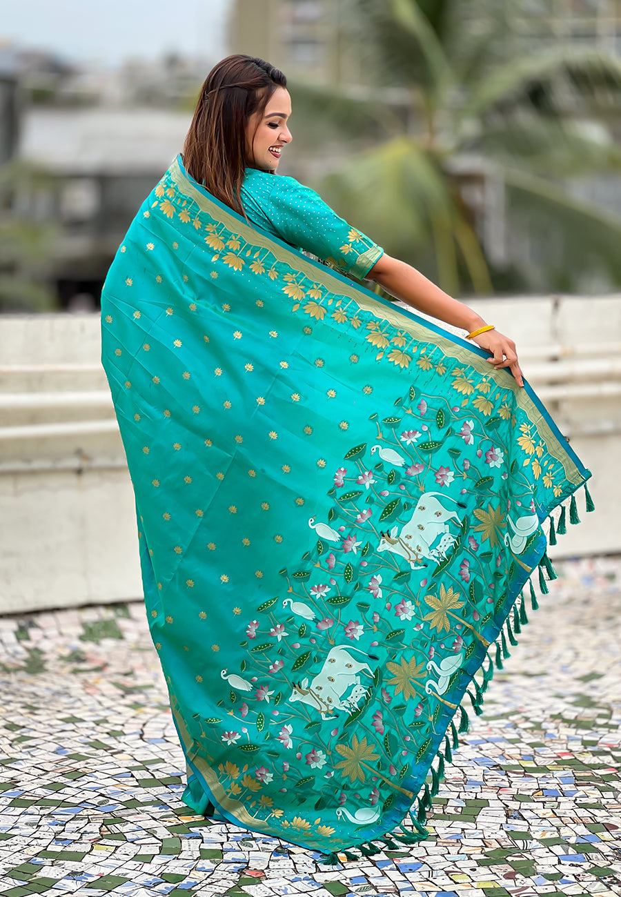 Aqua Blue Pure Soft Silk Zari Woven Pichwai Silk Saree