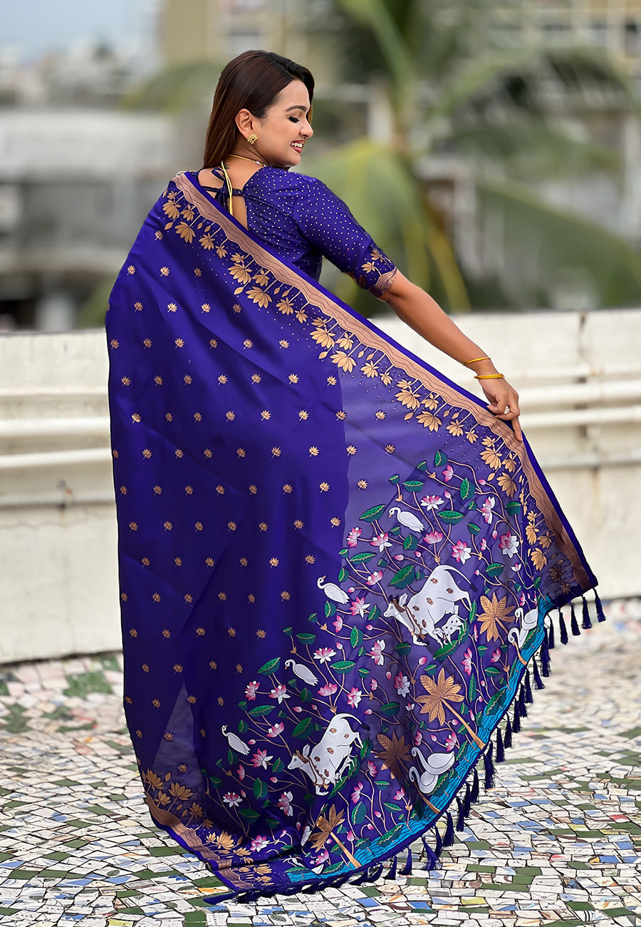 Violet Pure Soft Silk Zari Woven Pichwai Silk Saree