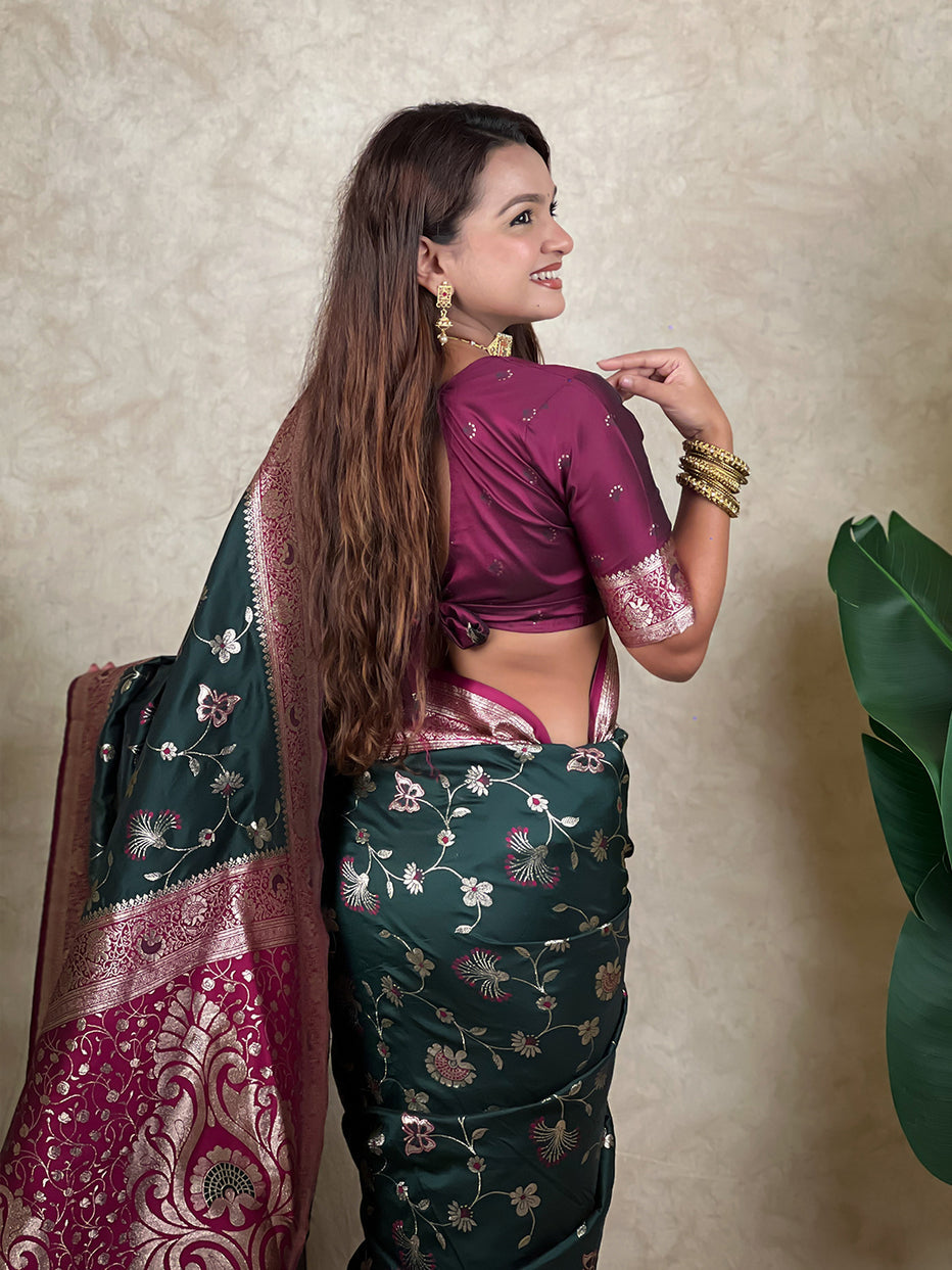 Bottle Green Banarasi Jaal Zari Woven Silk Banarasi Saree Banarasi Silk Saree Anant Tex Exports Pvt.Ltd..