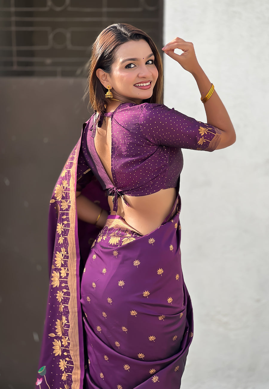 Wine Pure Soft Silk Zari Woven Pichwai Silk Saree