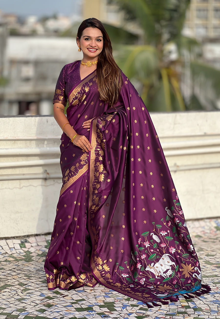 Wine Pure Soft Silk Zari Woven Pichwai Silk Saree