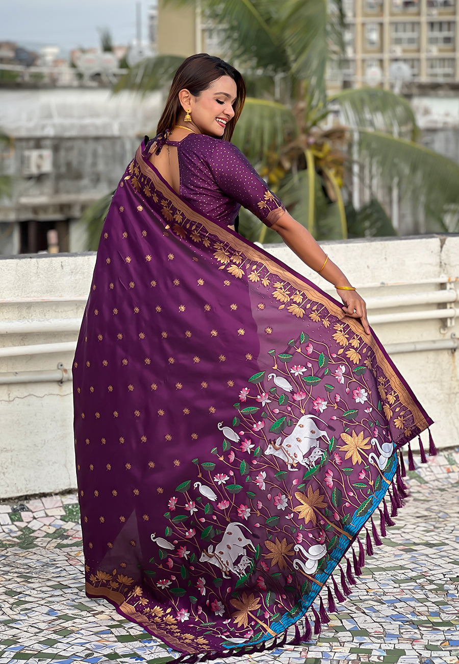 Wine Pure Soft Silk Zari Woven Pichwai Silk Saree