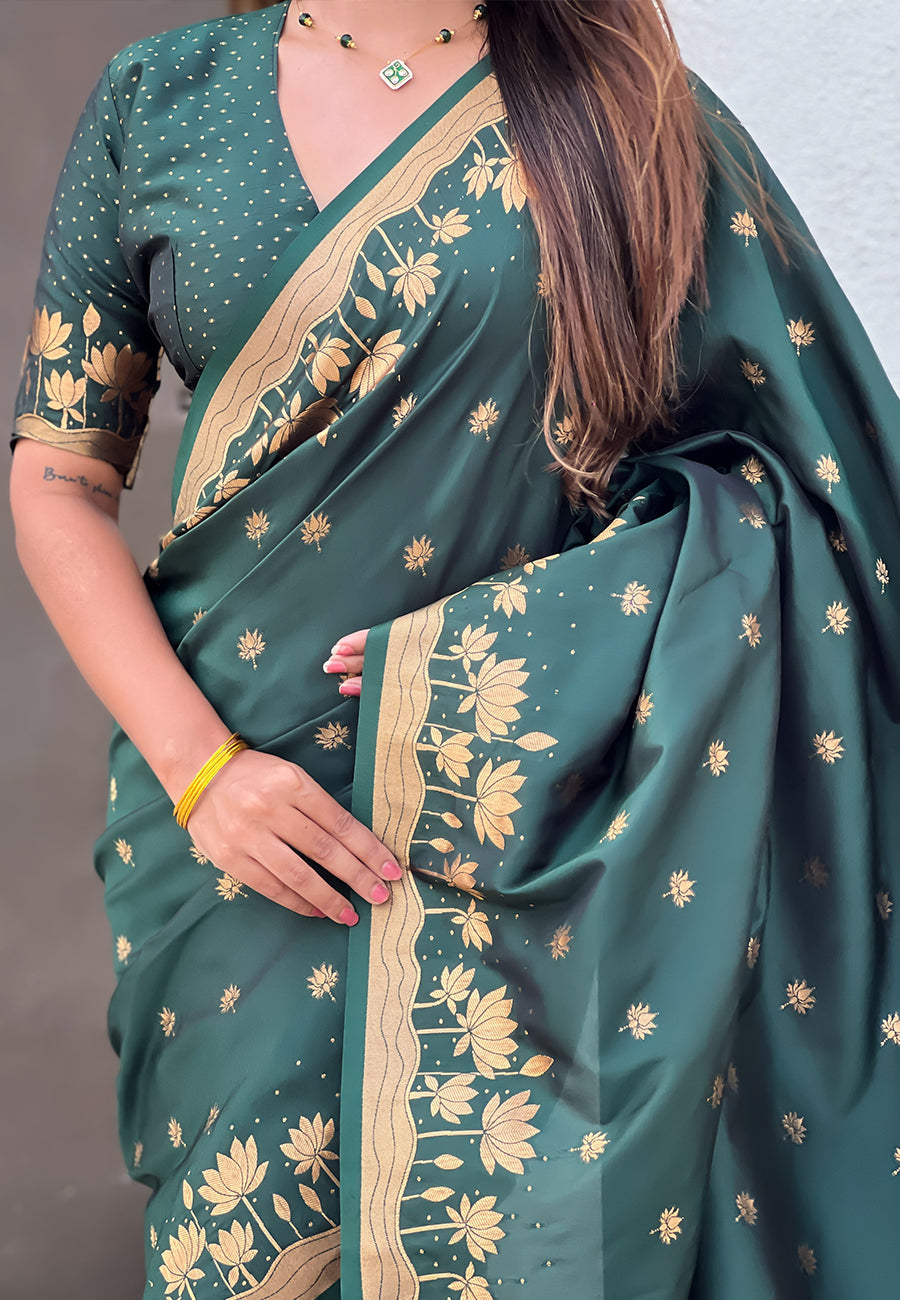 Bottle Green Pure Soft Silk Zari Woven Pichwai Silk Saree