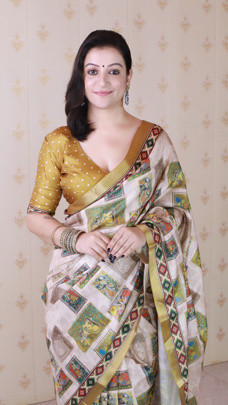 Gold Pure Tussar Silk Bold Kalamkari Figure Printed Tussar Saree Tussar Saree Anant Tex Exports Pvt.Ltd..