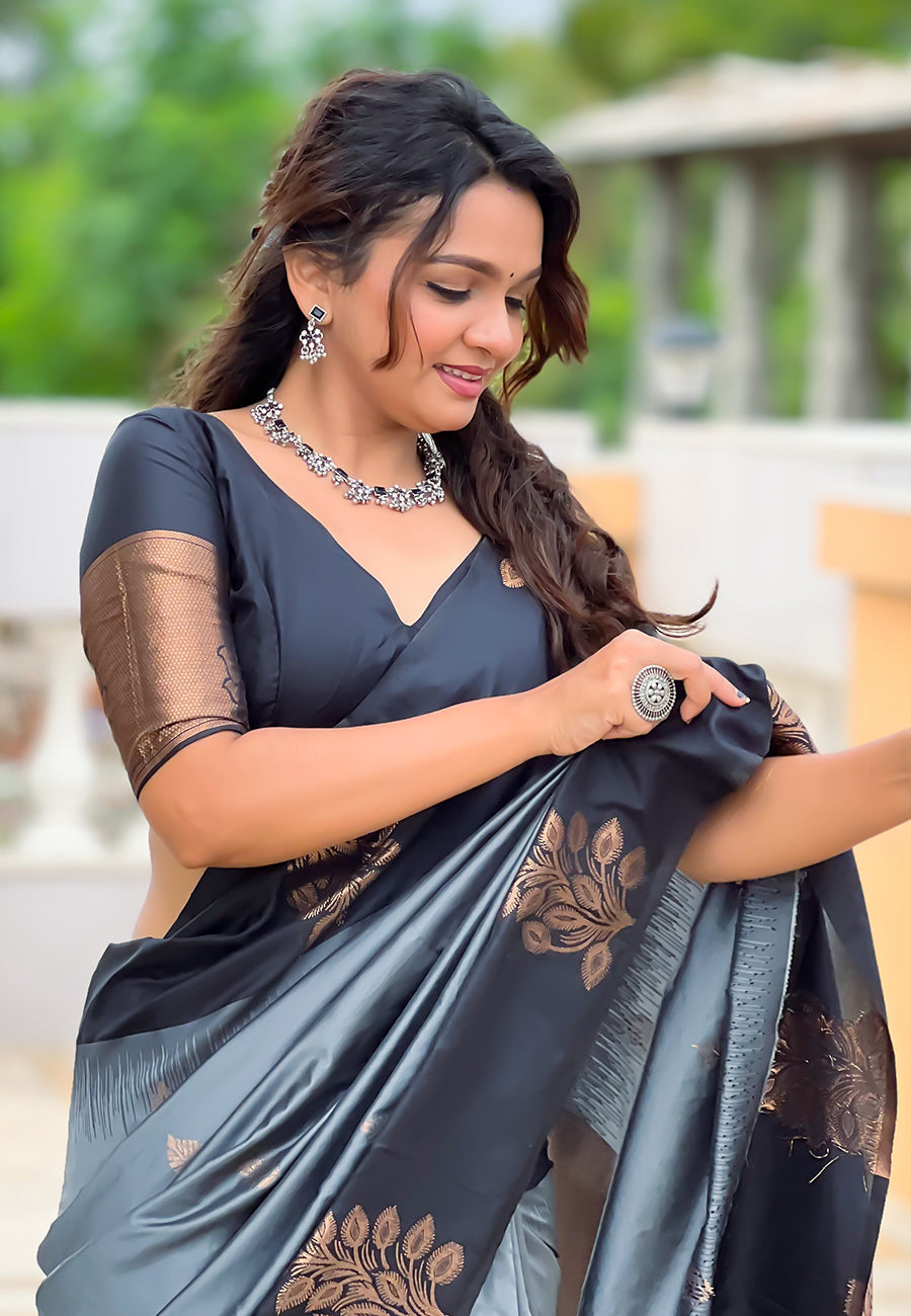 Grey Soft Silk Floral Border Contrast Zari Soft Silk Saree