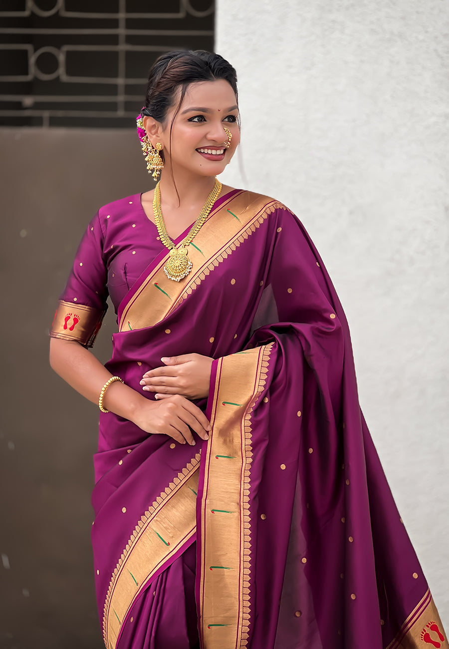Wine Zari Woven Mahalaxmi God Paithani Silk Saree Paithani Saree Anant Tex Exports Pvt.Ltd..