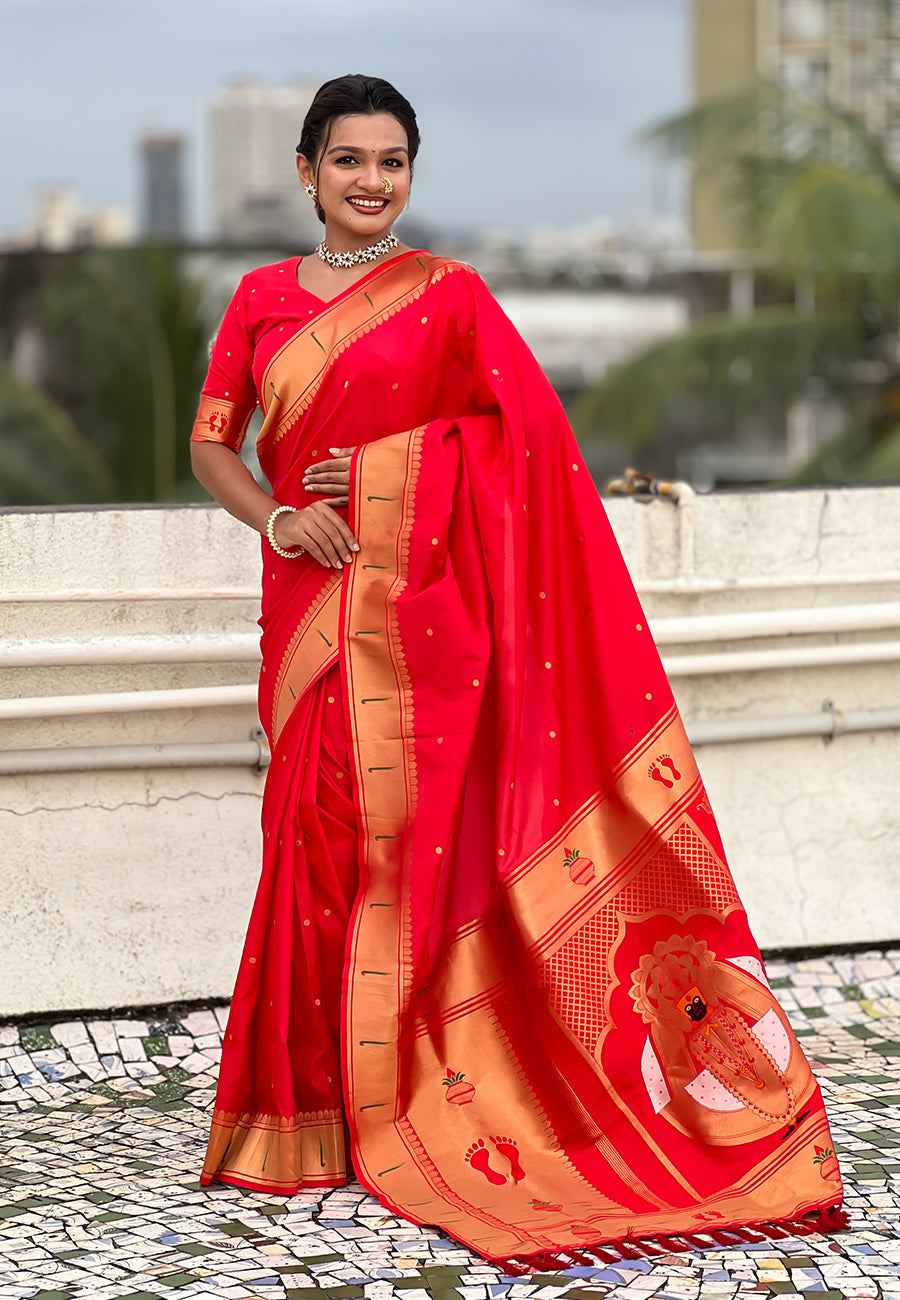 Red Zari Woven Mahalaxmi God Paithani Silk Saree Paithani Saree Anant Tex Exports Pvt.Ltd..