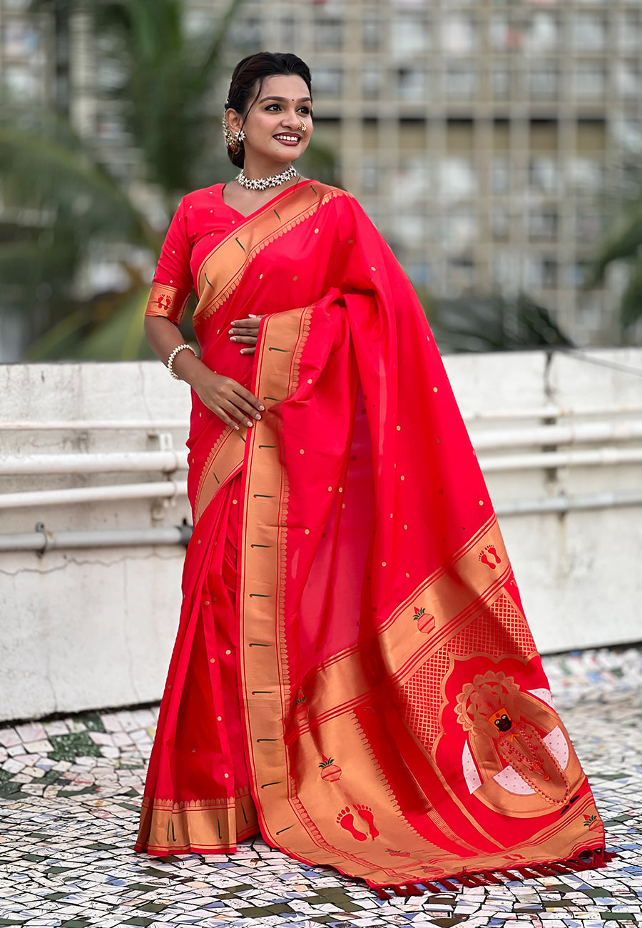 Red Zari Woven Mahalaxmi God Paithani Silk Saree Paithani Saree Anant Tex Exports Pvt.Ltd..
