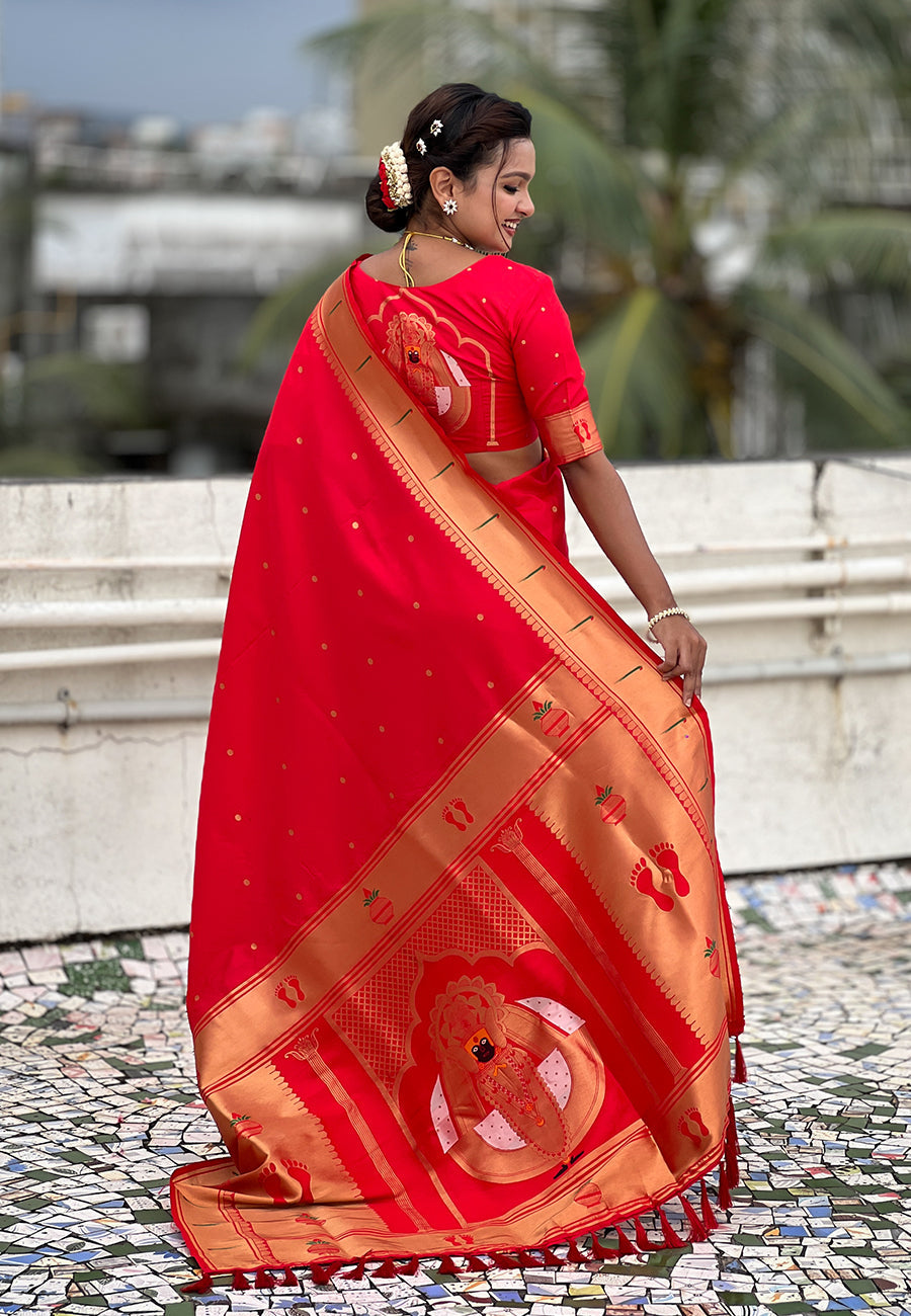 Red Zari Woven Mahalaxmi God Paithani Silk Saree Paithani Saree Anant Tex Exports Pvt.Ltd..