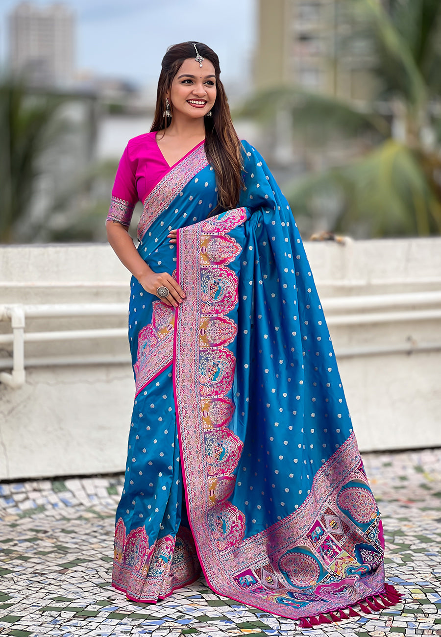 Blue Pashmina Darbari Silk Zari Banarasi Saree Banarasi Saree Anant Tex Exports Pvt.Ltd..