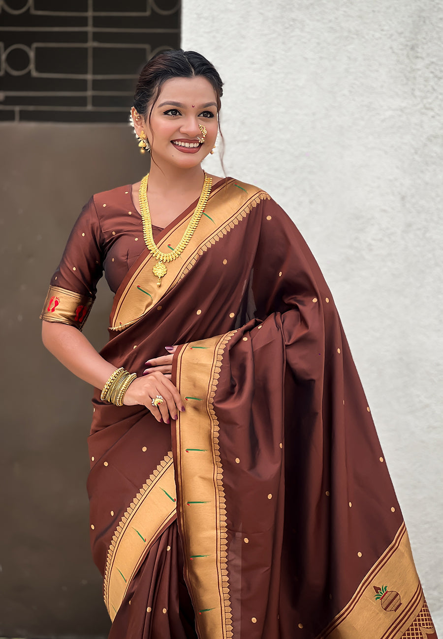 Coffee Zari Woven Mahalaxmi God Paithani Silk Saree Paithani Saree Anant Tex Exports Pvt.Ltd..