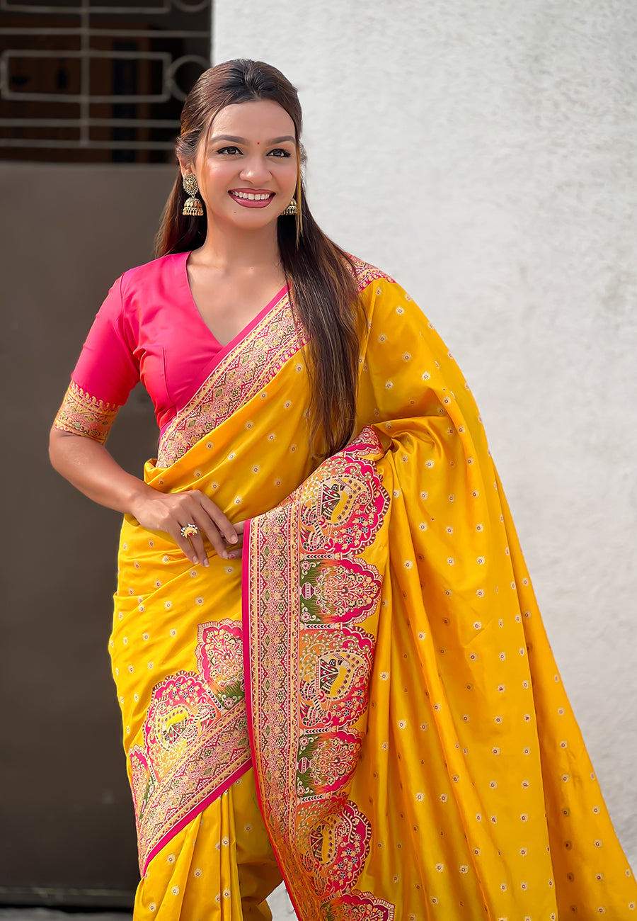 Mustard Pashmina Darbari Silk Zari Banarasi Saree