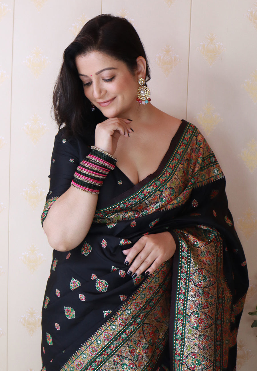 Shivani Jade Black Pashmina Kashmiri Silk Zari Woven Saree