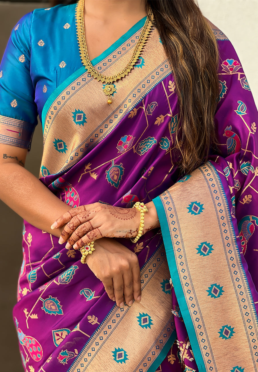 Wine Paithani Jaal Silk Zari Woven Saree Paithani Saree Anant Tex Exports Pvt.Ltd..