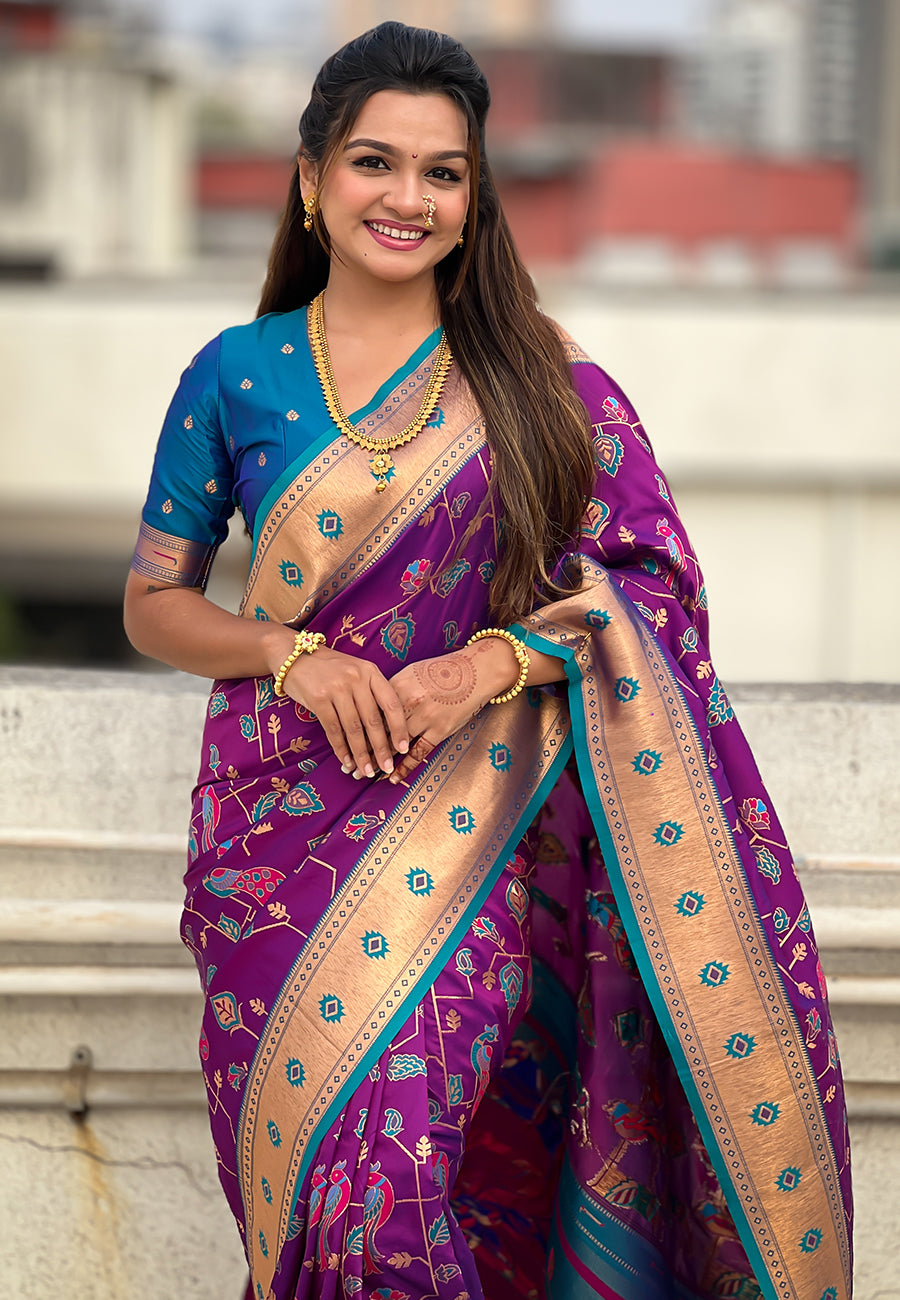 Wine Paithani Jaal Silk Zari Woven Saree Paithani Saree Anant Tex Exports Pvt.Ltd..