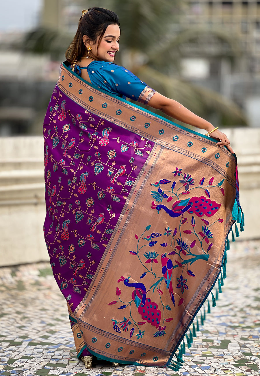 Wine Paithani Jaal Silk Zari Woven Saree Paithani Saree Anant Tex Exports Pvt.Ltd..
