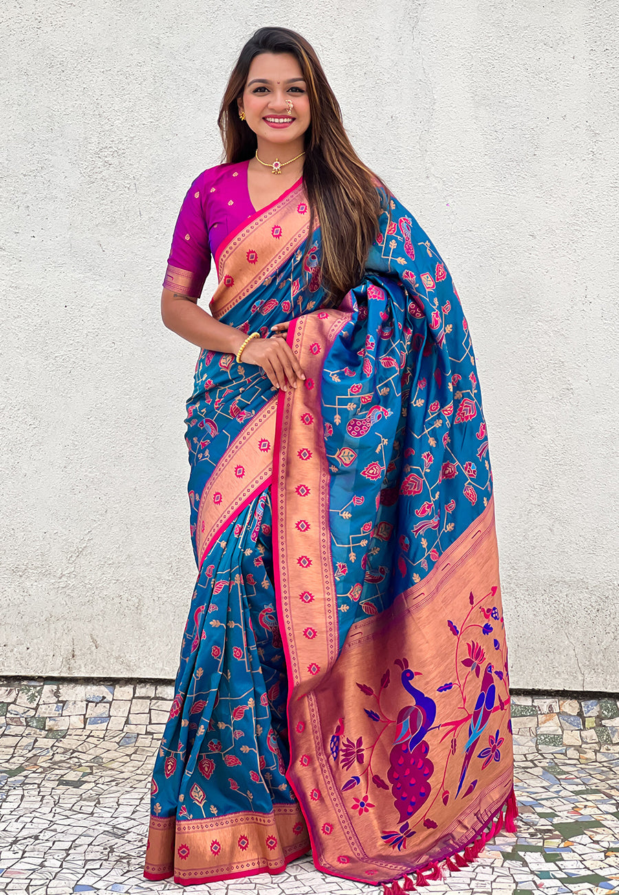 Blue Paithani Jaal Silk Zari Woven Saree Paithani Saree Anant Tex Exports Pvt.Ltd..
