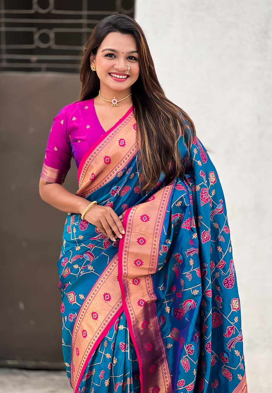 Blue Paithani Jaal Silk Zari Woven Saree Paithani Saree Anant Tex Exports Pvt.Ltd..