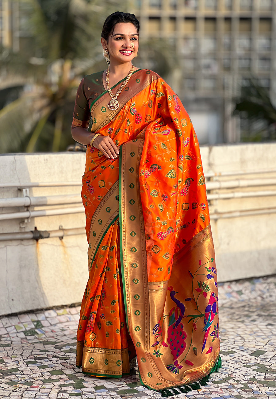 Orange Paithani Jaal Silk Zari Woven Saree Paithani Saree Anant Tex Exports Pvt.Ltd..