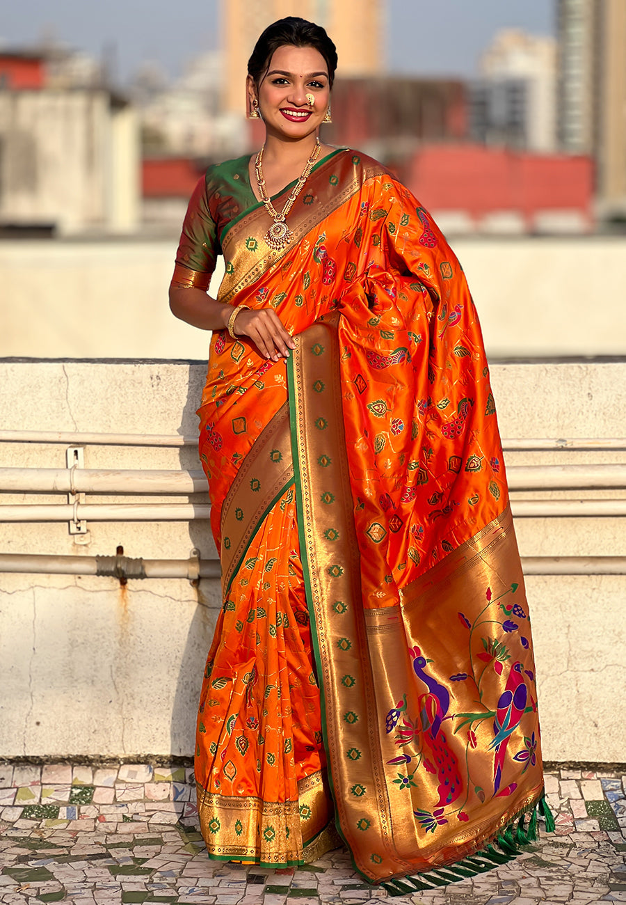 Orange Paithani Jaal Silk Zari Woven Saree Paithani Saree Anant Tex Exports Pvt.Ltd..