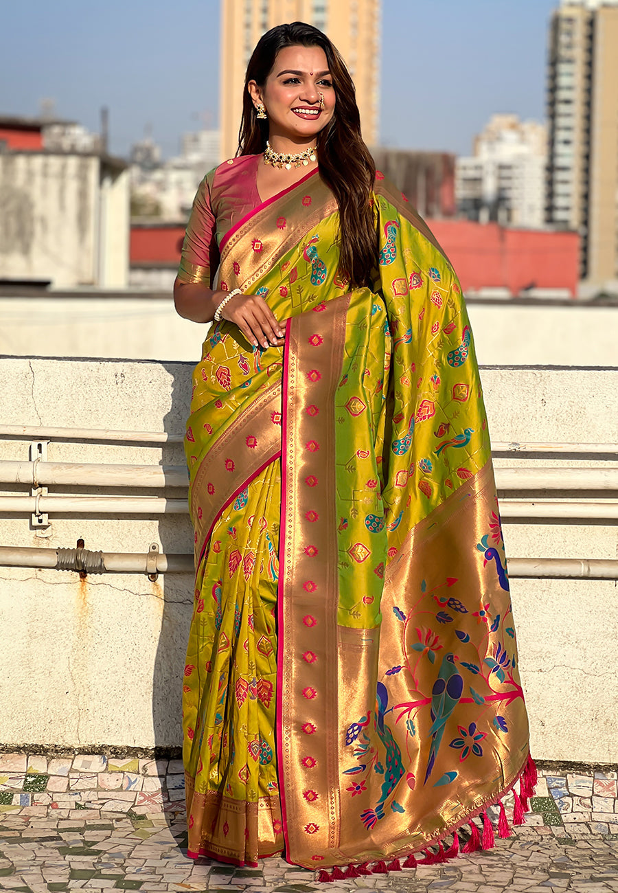 Mehendi Green Paithani Jaal Silk Zari Woven Saree Paithani Saree Anant Tex Exports Pvt.Ltd..
