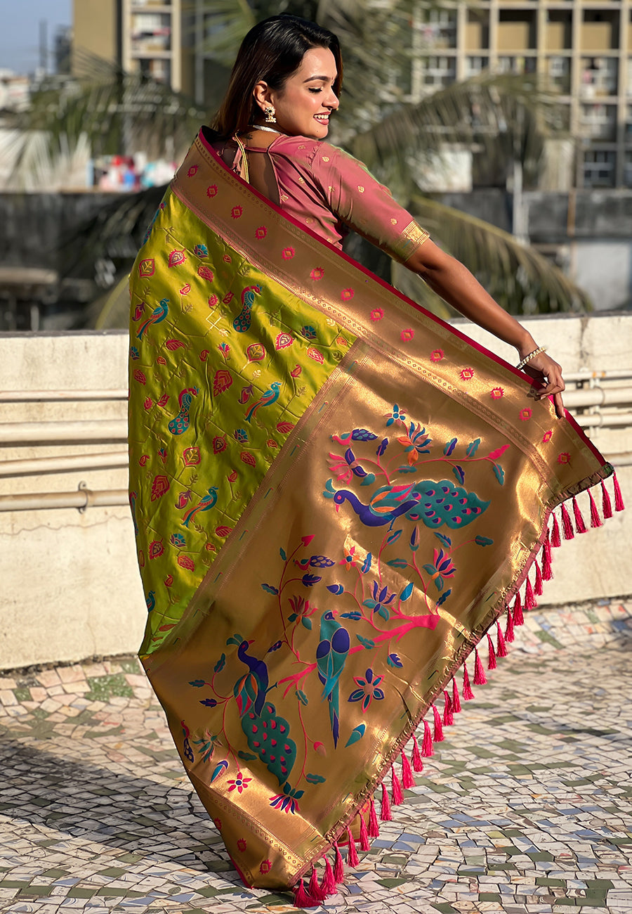 Mehendi Green Paithani Jaal Silk Zari Woven Saree Paithani Saree Anant Tex Exports Pvt.Ltd..
