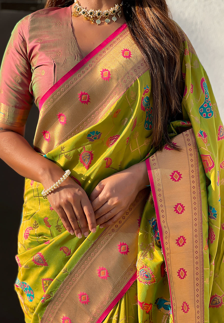 Mehendi Green Paithani Jaal Silk Zari Woven Saree Paithani Saree Anant Tex Exports Pvt.Ltd..