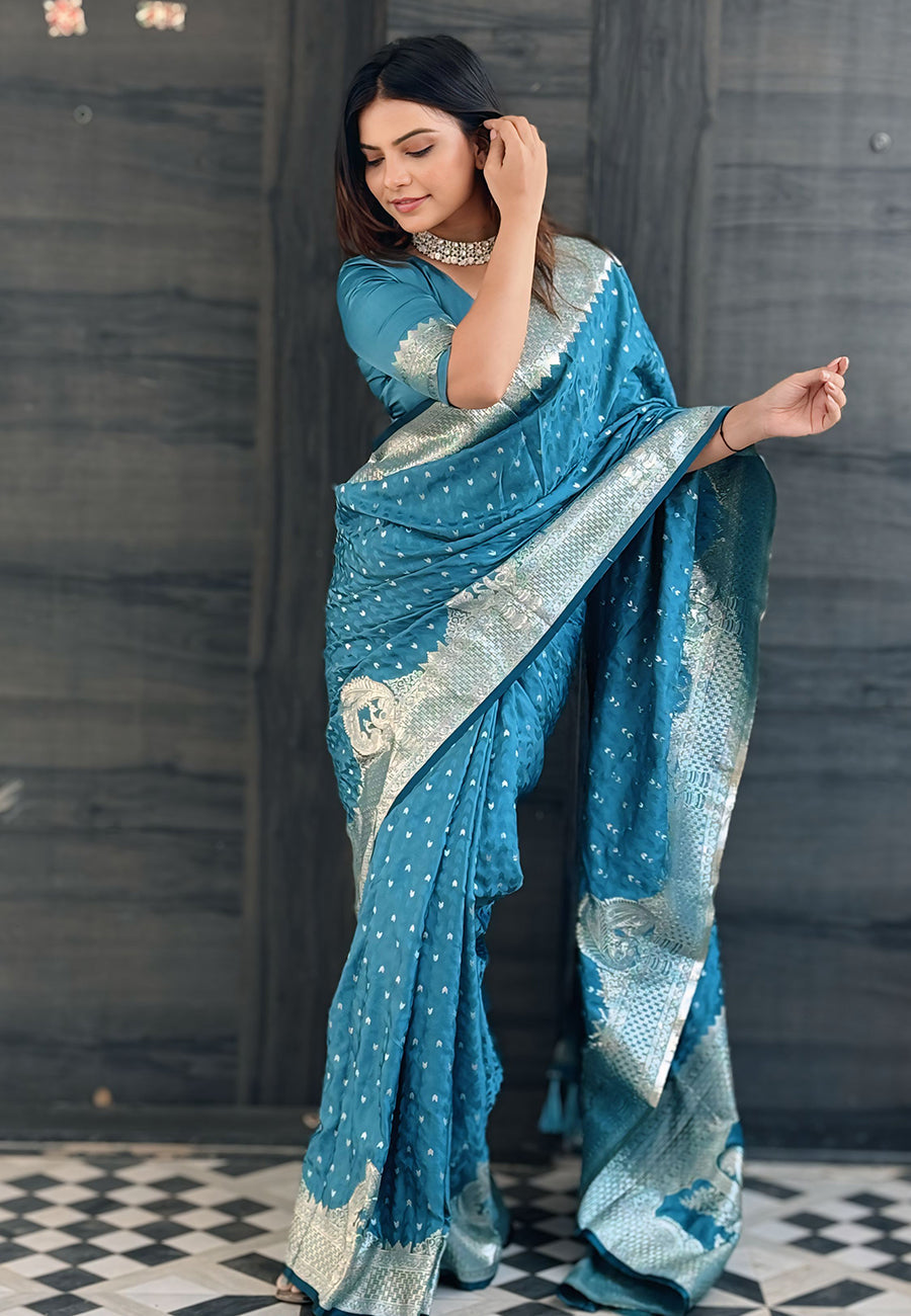 Butterfly Blue Banarasi Satin Silk Zari Banarasi Saree Panetar Saree Anant Tex Exports Pvt.Ltd..