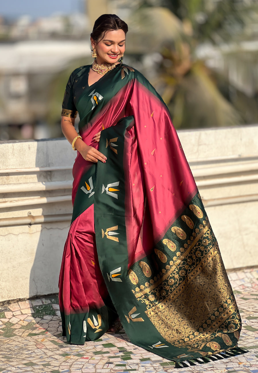 Coral Pink South Traditional Tilak Contrast Soft Silk Zari Woven Saree Soft Silk Saree Anant Tex Exports Pvt.Ltd..
