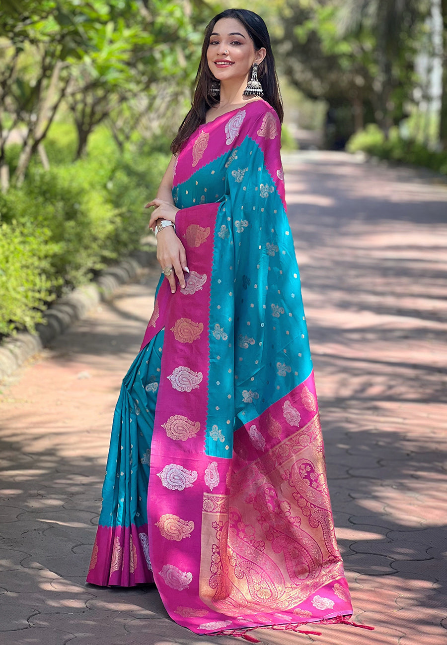 Blue Soft Silk Contrast Zari Paithani Saree